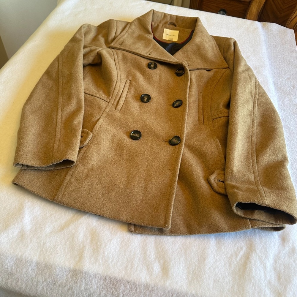 Thread Supply Peacoat Womens Medium M Wool Blend Camel Tan Coat Double Breasted